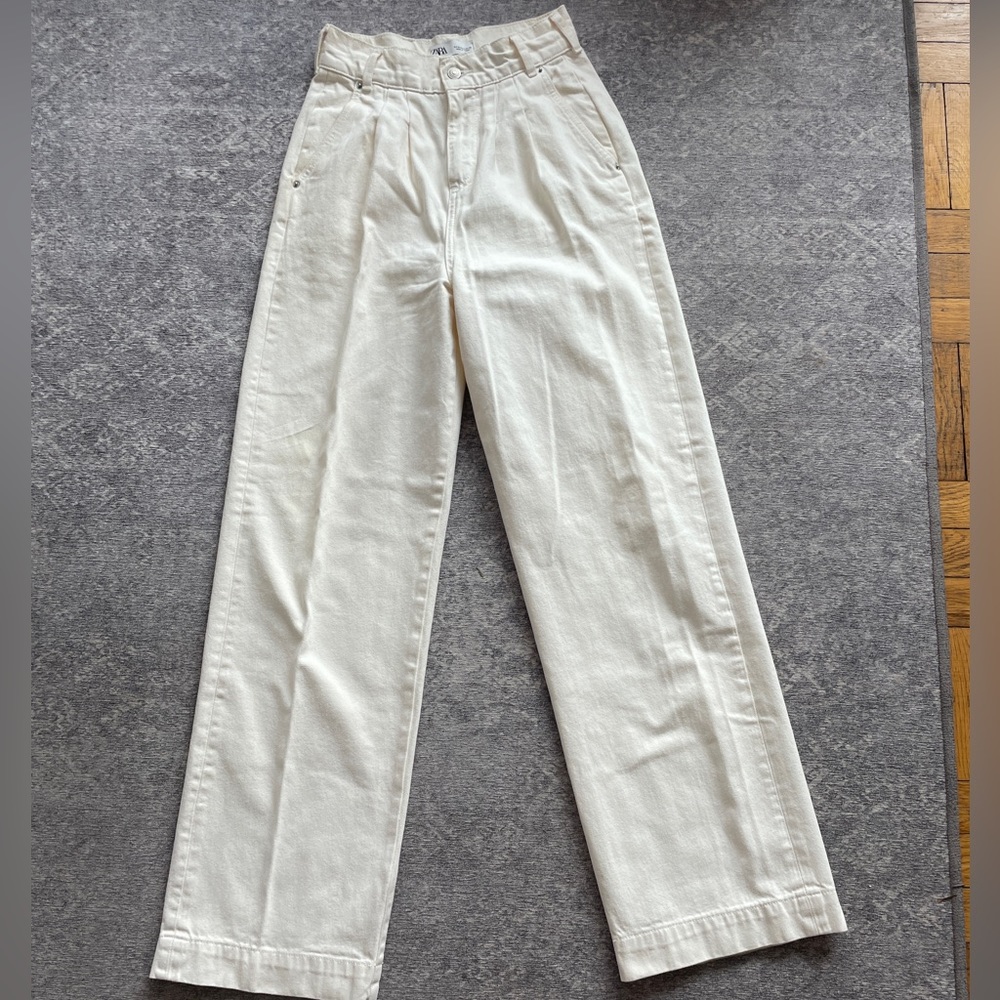 ZARA CREAM WHITE BOX PLEATED COTTON TWILL PANTS LINEN LOOK
